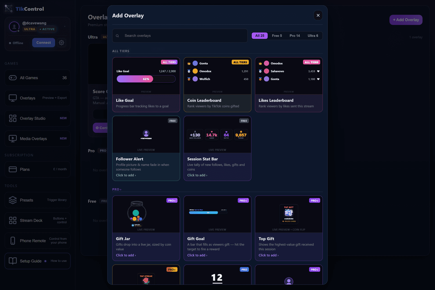 The TikControl Overlay Studio library — 25 stream overlays including gift jars, goal meters and leaderboards